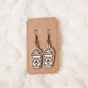 5/$25 Iced Coffee Frappuccino Earrings Dangle Wooden w/Heart Coffee Bean